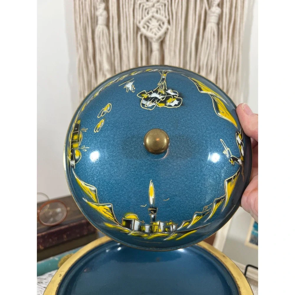 VTG Sabra Israel Hand-Painted Brass Enamel Covered Dish on Pedestal (3948)